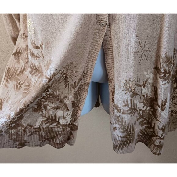 Snowflakes Winter Cardigan Sweater Gold Leaves Tan Holiday XXL - Picture 5 of 14